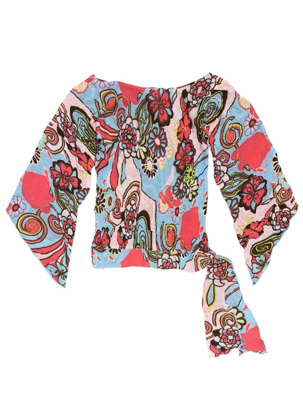 Cache Y2K Floral Bell Sleeve Tie Waist Blouse Pink Blue Boho Top Size Small